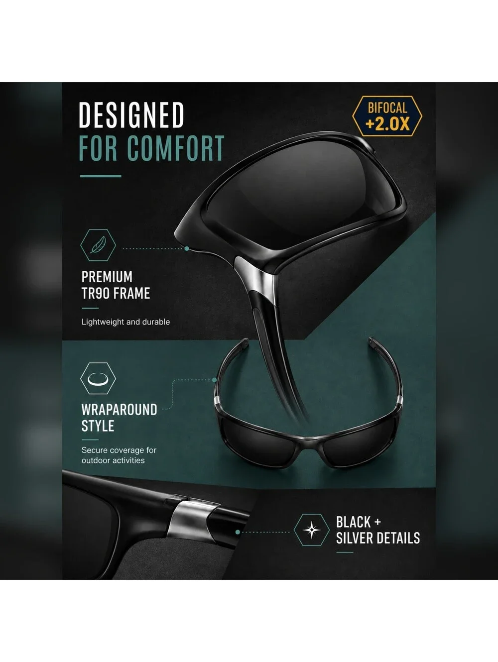 SKYFUEN +2.0X Polarized Bifocal Reading Sunglasses TR90 Black Wraparound